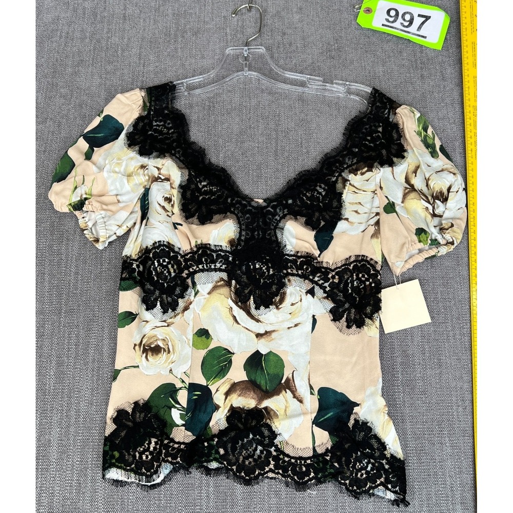 Women Sweetheart Top S Multi Floral Rose Print Puff Sleeve Lace Trim Cottagecore